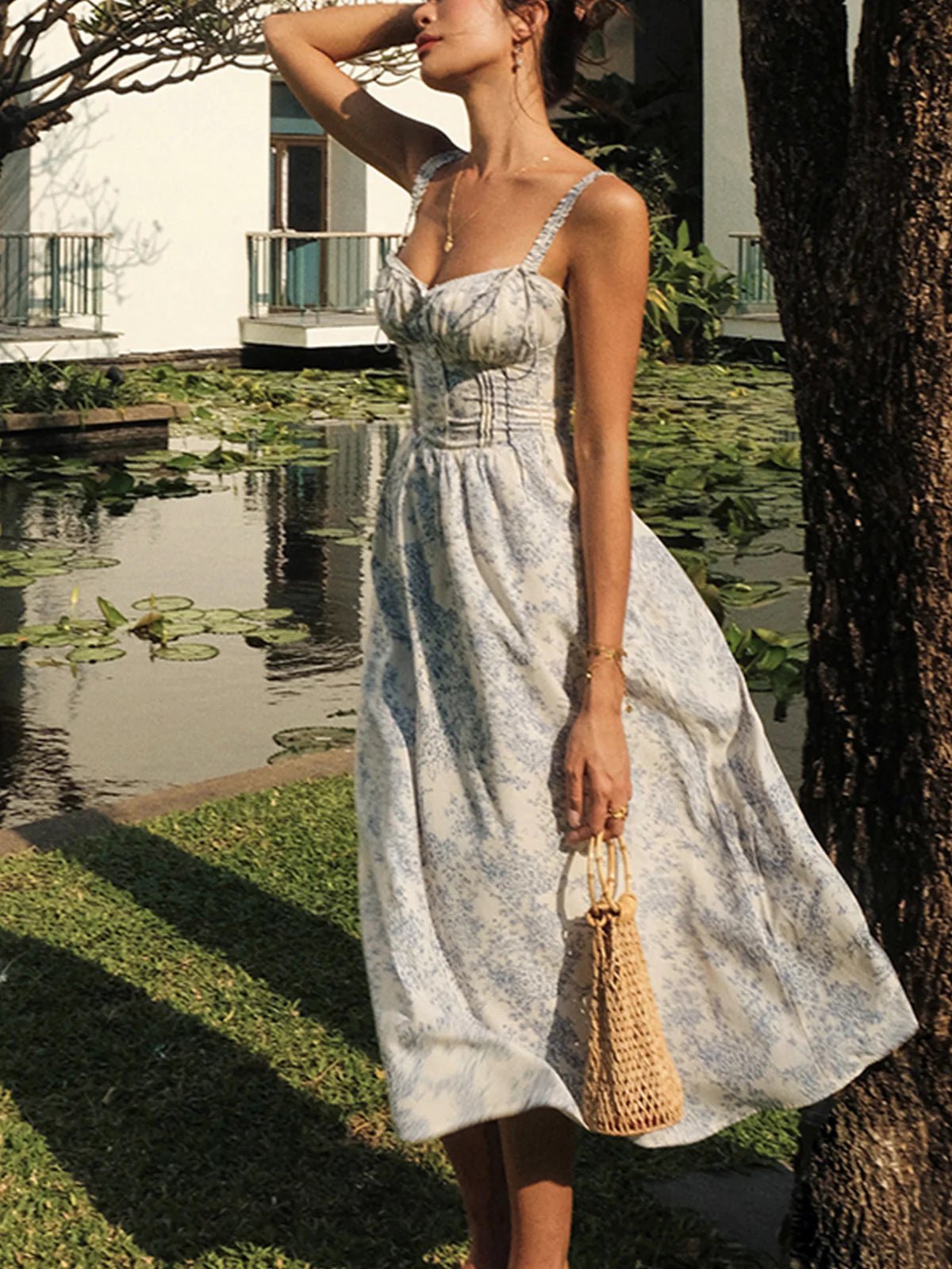 Midi Dress Women Floral Corset Bodice Button Closure - Evergreen Outfits - Women Midi Dress