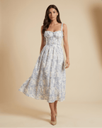Midi Dress Women Floral Corset Bodice Button Closure - Evergreen Outfits - Women Midi Dress