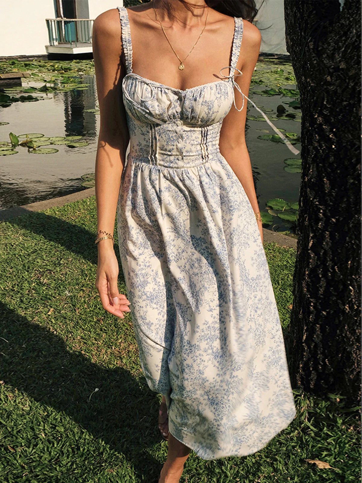 Midi Dress Women Floral Corset Bodice Button Closure - Evergreen Outfits - Women Midi Dress