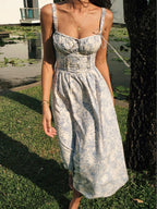 Midi Dress Women Floral Corset Bodice Button Closure - Evergreen Outfits - Women Midi Dress