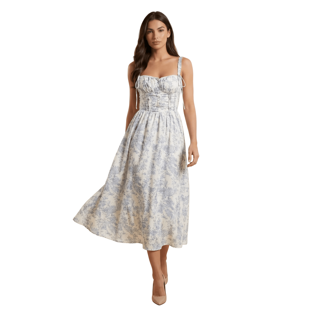 Midi Dress Women Floral Corset Bodice Button Closure - Evergreen Outfits - Women Midi Dress