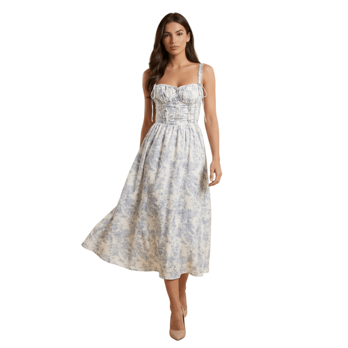 Midi Dress Women Floral Corset Bodice Button Closure - Evergreen Outfits - Women Midi Dress