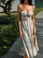 Midi Dress Women Floral Corset Bodice Button Closure - Evergreen Outfits - Women Midi Dress