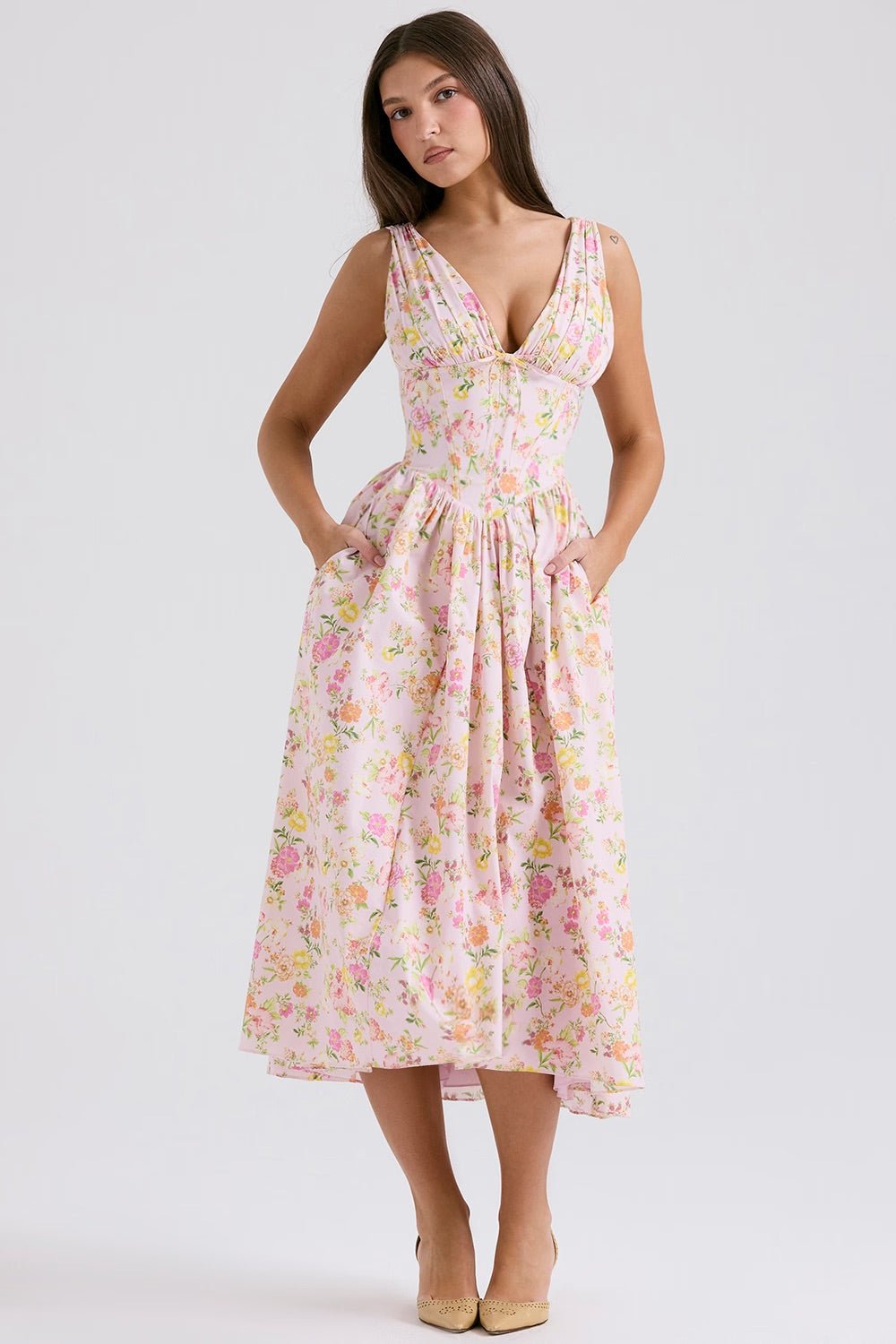 Midi Dress Women Floral Print Flared Skirt With Pockets - Evergreen Outfits- Women Midi Dress