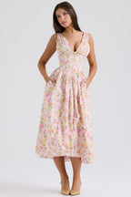 Midi Dress Women Floral Print Flared Skirt With Pockets - Evergreen Outfits- Women Midi Dress