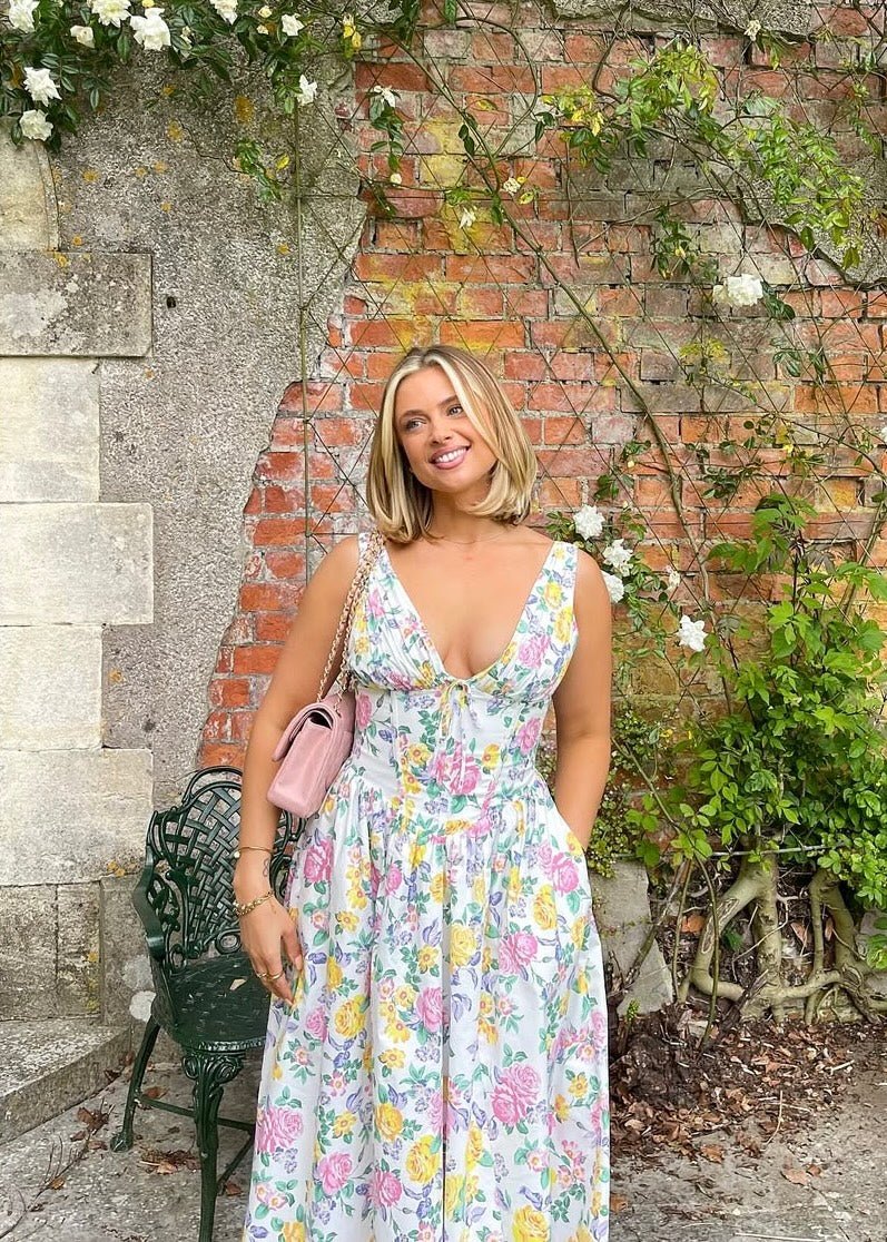 Midi Dress Women Floral Print Flared Skirt With Pockets - Evergreen Outfits- Women Midi Dress