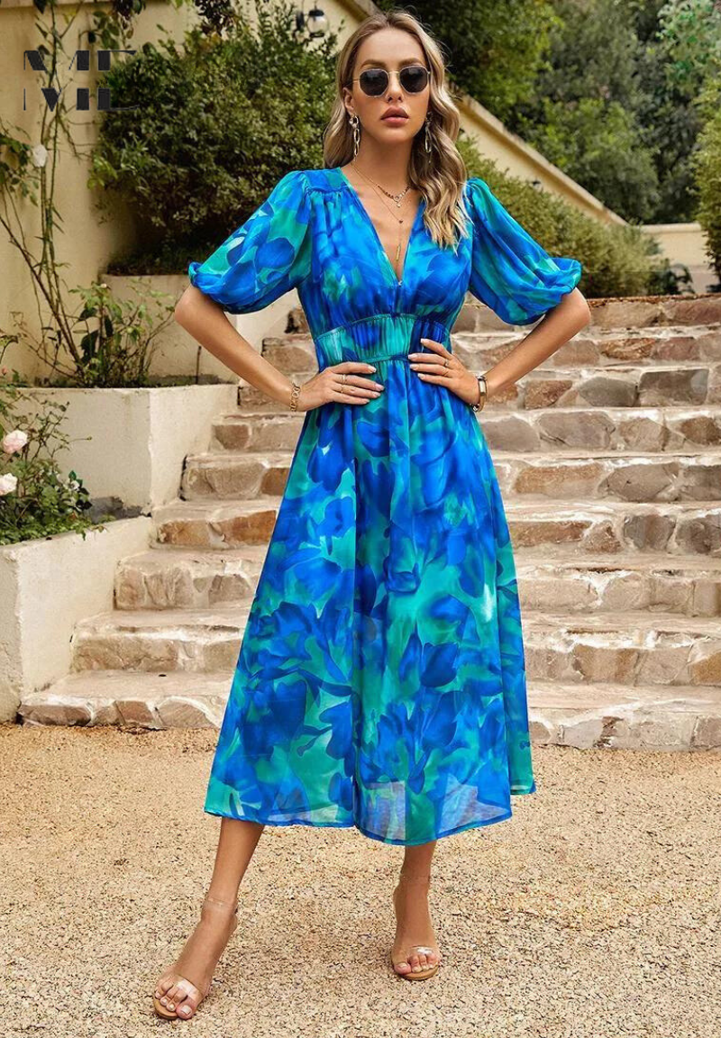 Midi Dress Women Floral Print Puff Sleeve Waist Fit A-Line - Evergreen Outfits- Women Midi Dress