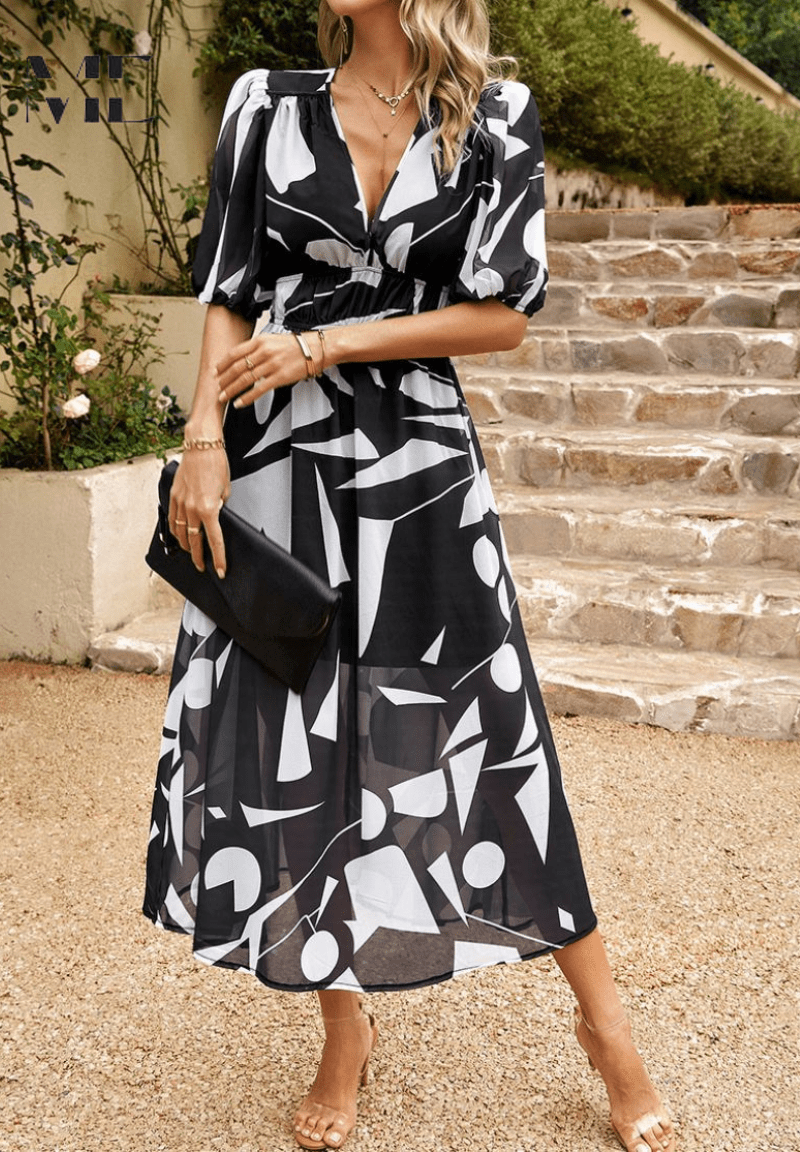 Midi Dress Women Floral Print Puff Sleeve Waist Fit A-Line - Evergreen Outfits- Women Midi Dress