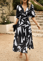 Midi Dress Women Floral Print Puff Sleeve Waist Fit A-Line - Evergreen Outfits- Women Midi Dress