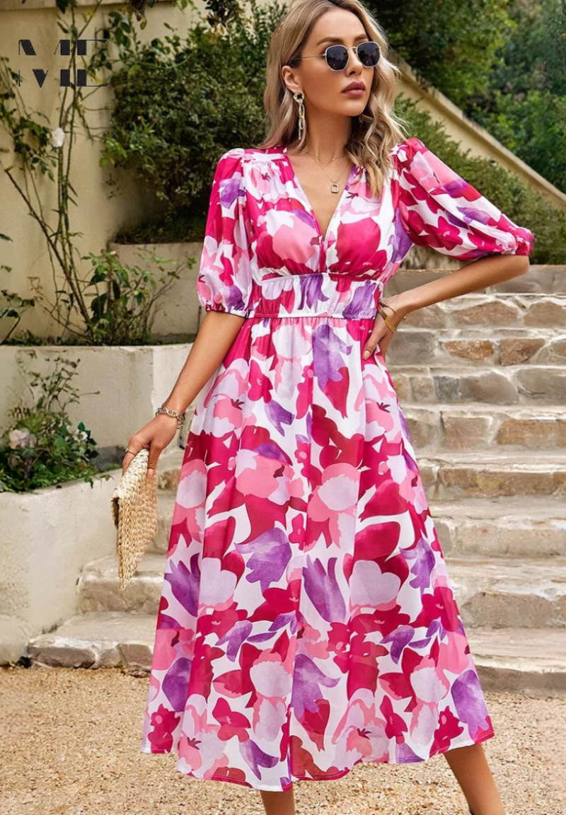 Midi Dress Women Floral Print Puff Sleeve Waist Fit A-Line - Evergreen Outfits- Women Midi Dress