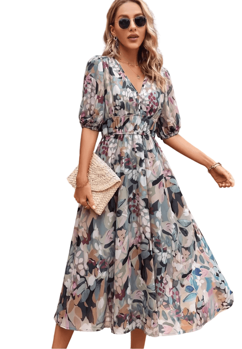 Midi Dress Women Floral Print Puff Sleeve Waist Fit A-Line - Evergreen Outfits- Women Midi Dress