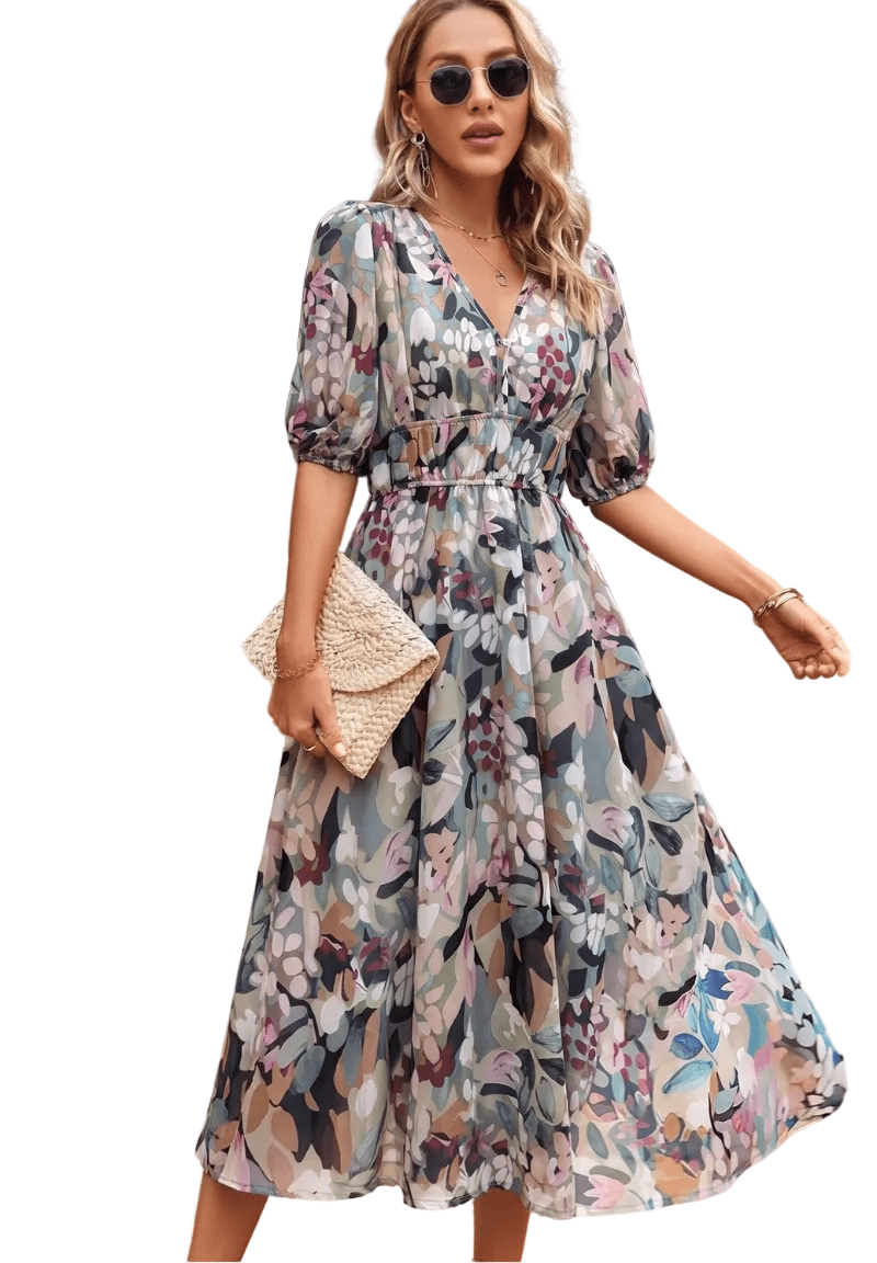 Midi Dress Women Floral Print Puff Sleeve Waist Fit A-Line - Evergreen Outfits- Women Midi Dress
