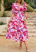 Midi Dress Women Floral Print Puff Sleeve Waist Fit A-Line - Evergreen Outfits- Women Midi Dress