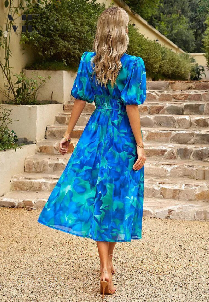 Midi Dress Women Floral Print Puff Sleeve Waist Fit A-Line - Evergreen Outfits- Women Midi Dress