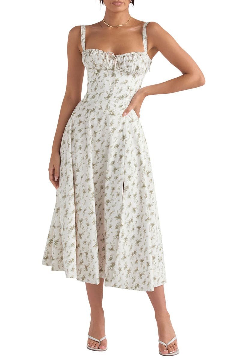 Midi Dress Women Floral Print Sweetheart Neck Waist Tie - Evergreen Outfits- Women Midi Dress