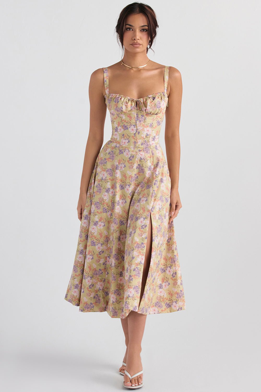 Midi Dress Women Floral Print Sweetheart Neck Waist Tie - Evergreen Outfits- Women Midi Dress