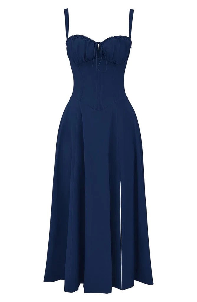 Midi Dress Women Floral Print Sweetheart Neck Waist Tie - Evergreen Outfits- Women Midi Dress