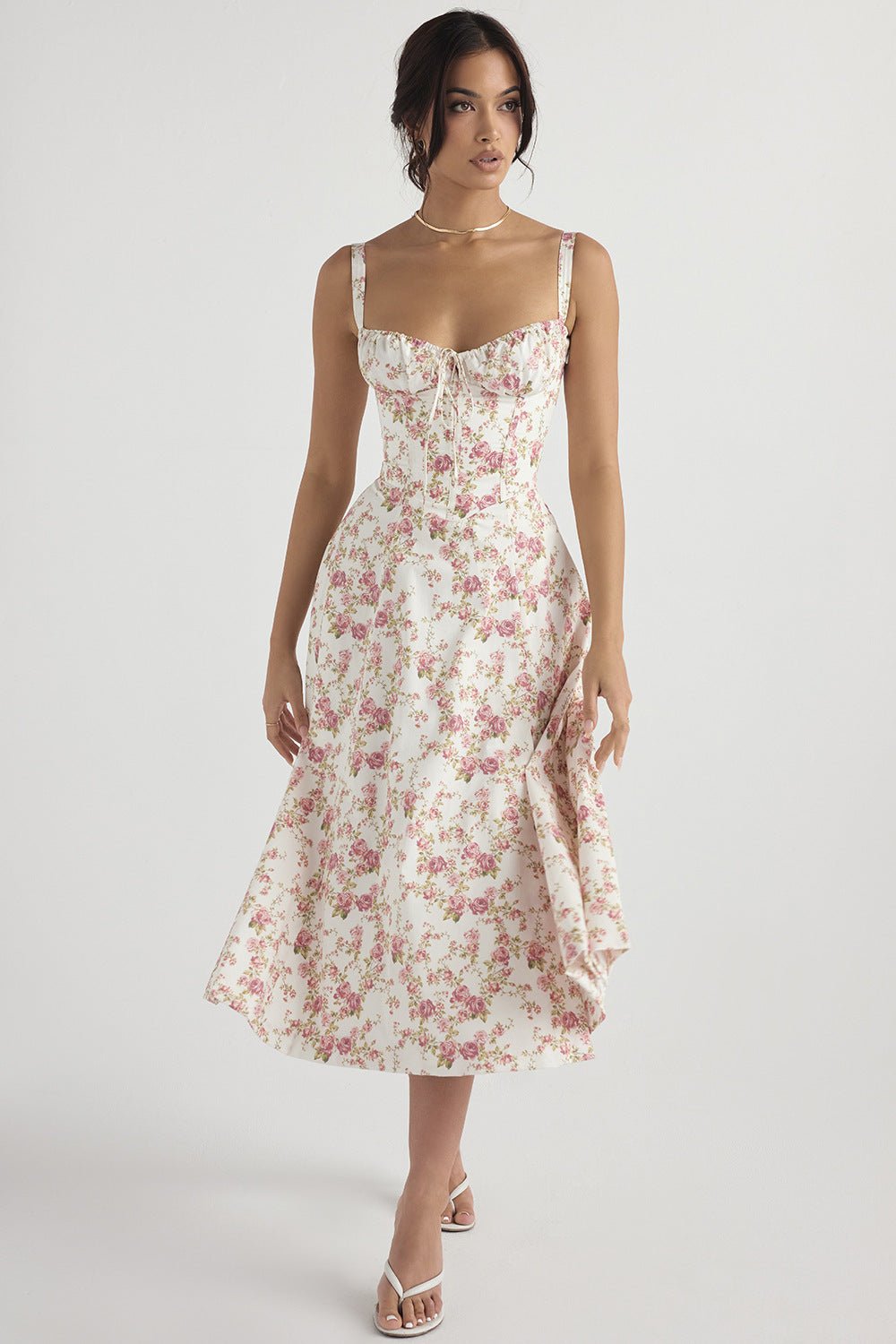 Midi Dress Women Floral Print Sweetheart Neck Waist Tie - Evergreen Outfits- Women Midi Dress