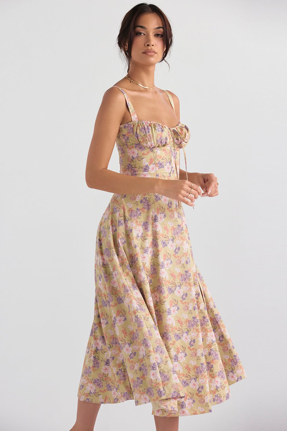 Midi Dress Women Floral Print Sweetheart Neck Waist Tie - Evergreen Outfits- Women Midi Dress