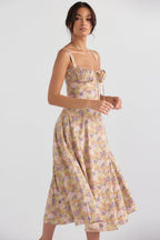 Midi Dress Women Floral Print Sweetheart Neck Waist Tie - Evergreen Outfits- Women Midi Dress