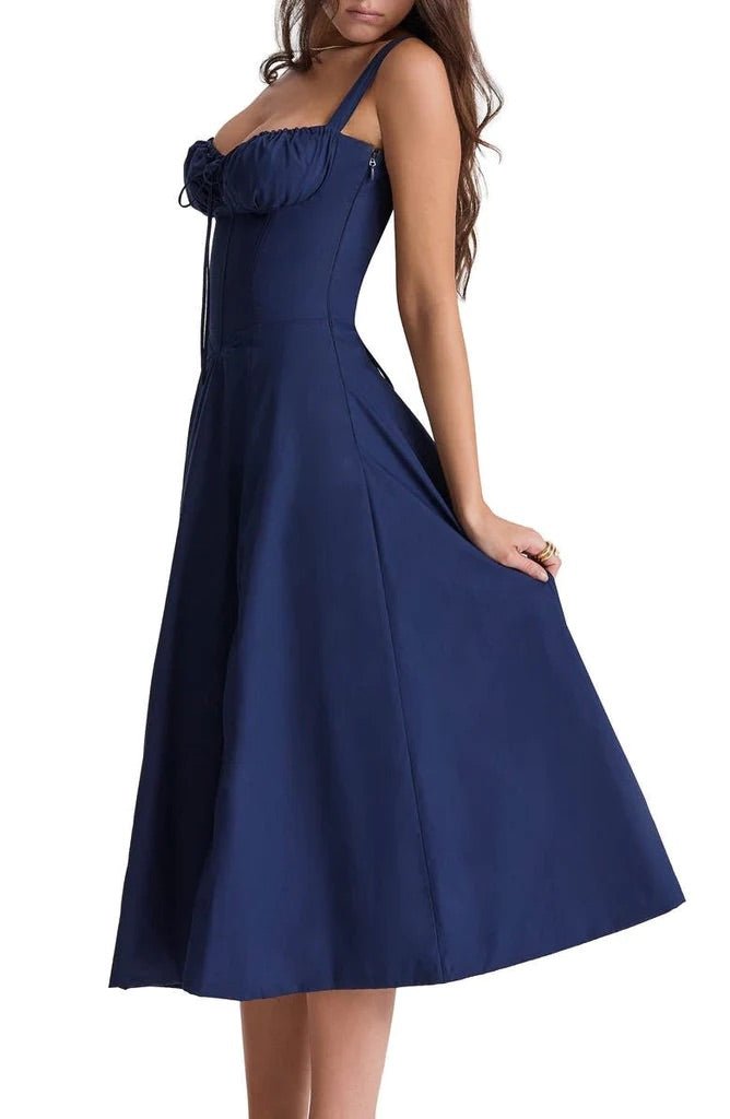 Midi Dress Women Floral Print Sweetheart Neck Waist Tie - Evergreen Outfits- Women Midi Dress