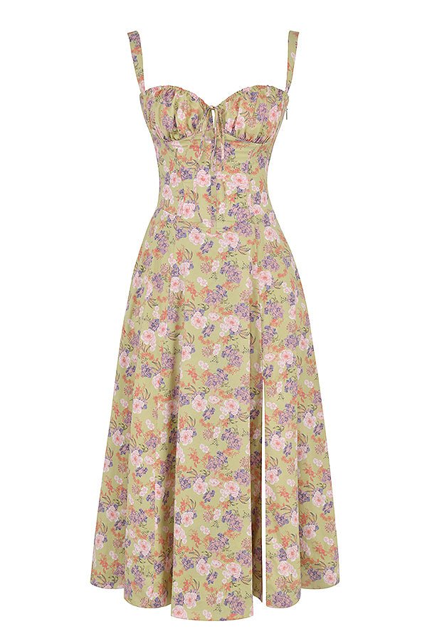 Midi Dress Women Floral Print Sweetheart Neck Waist Tie - Evergreen Outfits- Women Midi Dress