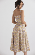 Midi Dress Women Floral Print Sweetheart Neck Waist Tie - Evergreen Outfits- Women Midi Dress