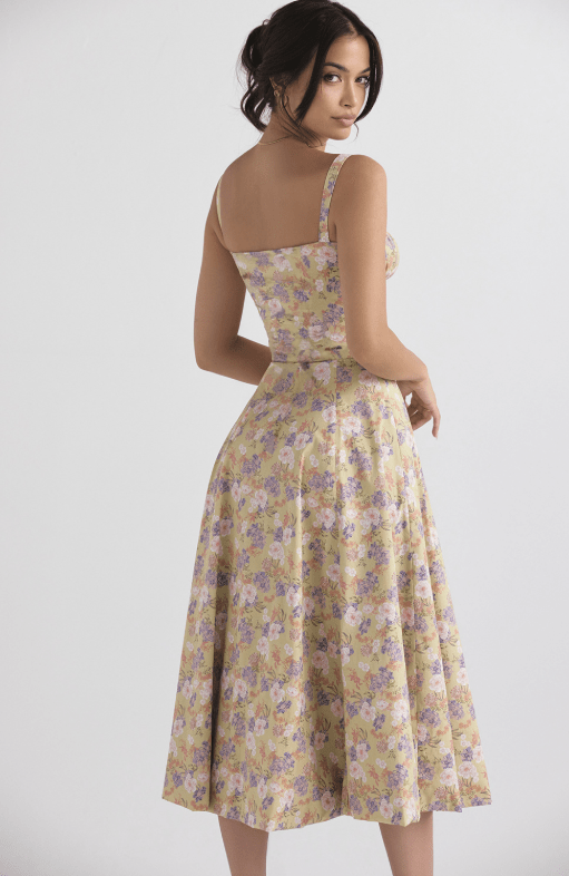 Midi Dress Women Floral Print Sweetheart Neck Waist Tie - Evergreen Outfits- Women Midi Dress