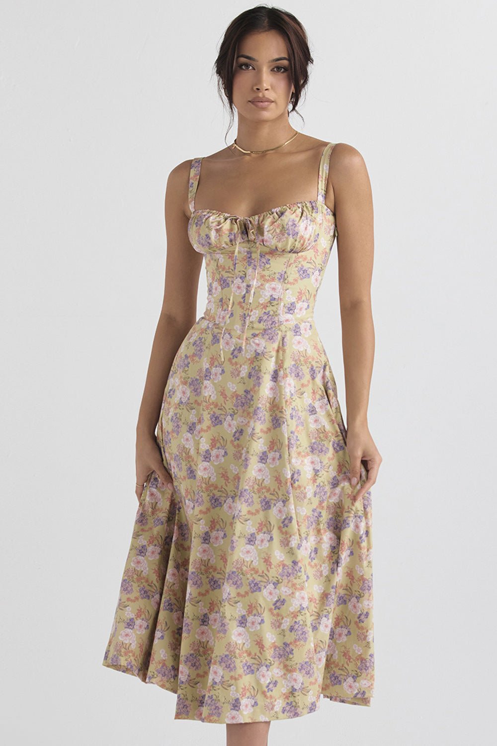 Midi Dress Women Floral Print Sweetheart Neck Waist Tie - Evergreen Outfits- Women Midi Dress