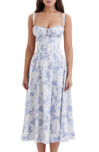 Midi Dress Women Floral Print Sweetheart Neck Waist Tie - Evergreen Outfits- Women Midi Dress