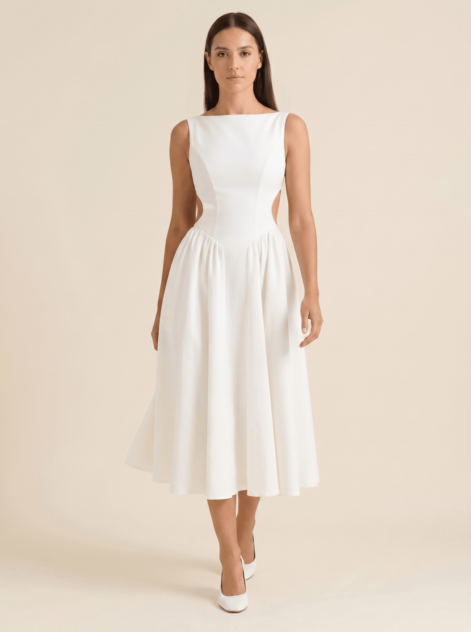 Midi Dress Women Open Back Short Sleeve Fitted Waist - Evergreen Outfits - Women Midi Dress