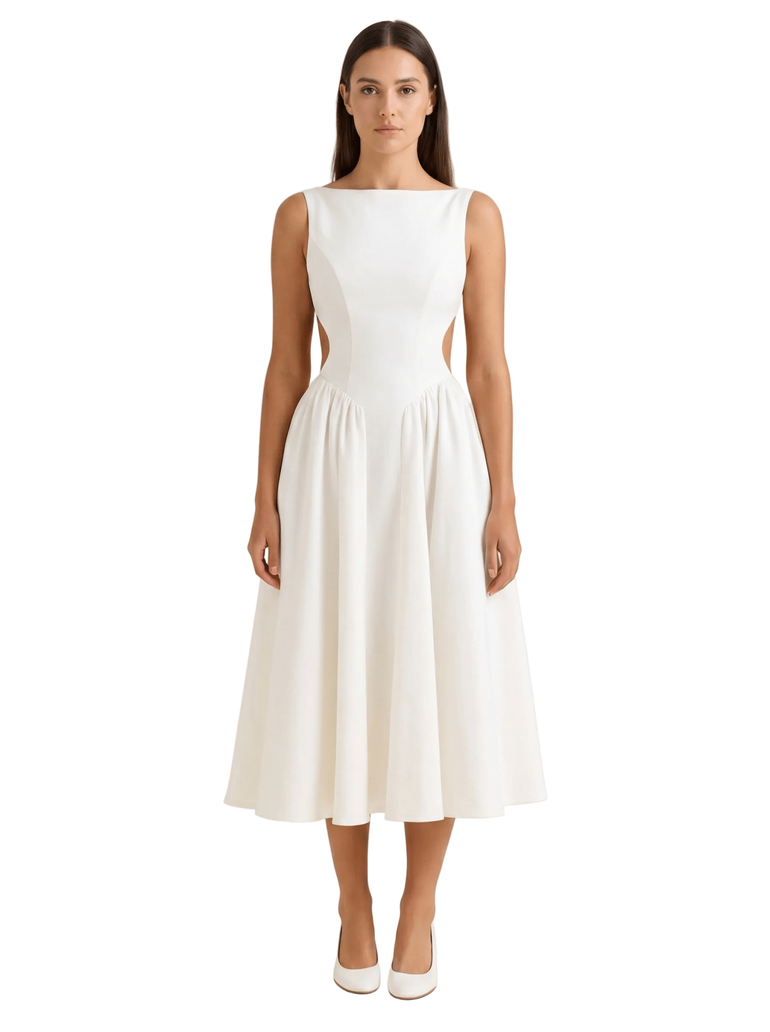 Midi Dress Women Open Back Short Sleeve Fitted Waist - Evergreen Outfits - Women Midi Dress