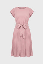 Midi Dress Women Pleated Tie Belt Short Sleeve Design - Evergreen Outfits- Women Midi Dress