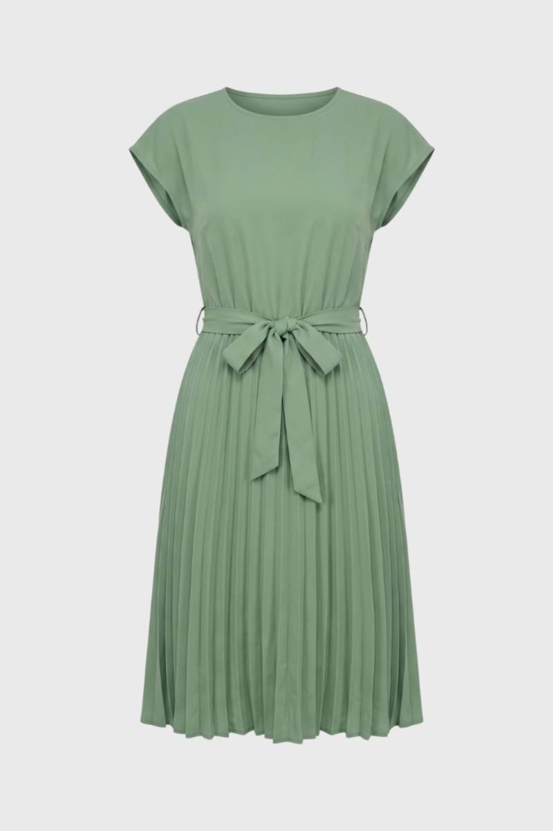 Midi Dress Women Pleated Tie Belt Short Sleeve Design - Evergreen Outfits- Women Midi Dress