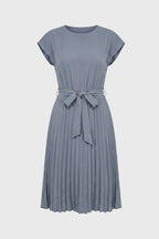 Midi Dress Women Pleated Tie Belt Short Sleeve Design - Evergreen Outfits- Women Midi Dress