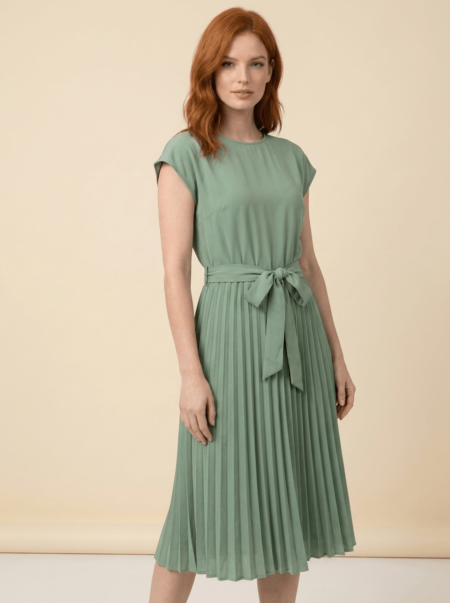 Midi Dress Women Pleated Tie Belt Short Sleeve Design - Evergreen Outfits- Women Midi Dress