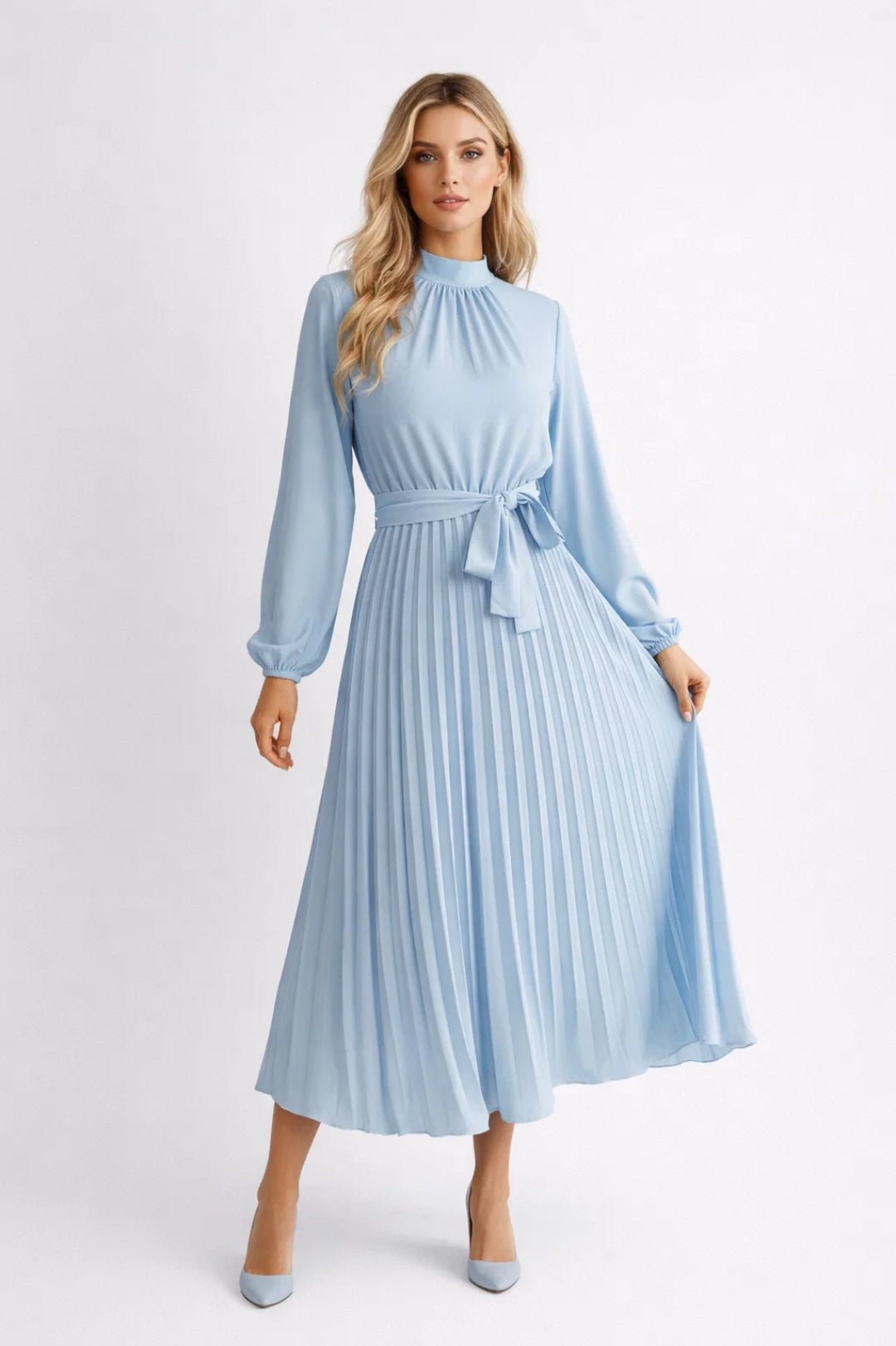 Midi Dress Women Pleated Waistband Long Sleeve Design - Evergreen Outfits- Women Midi Dress
