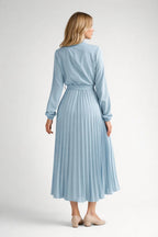 Midi Dress Women Pleated Waistband Long Sleeve Design - Evergreen Outfits- Women Midi Dress