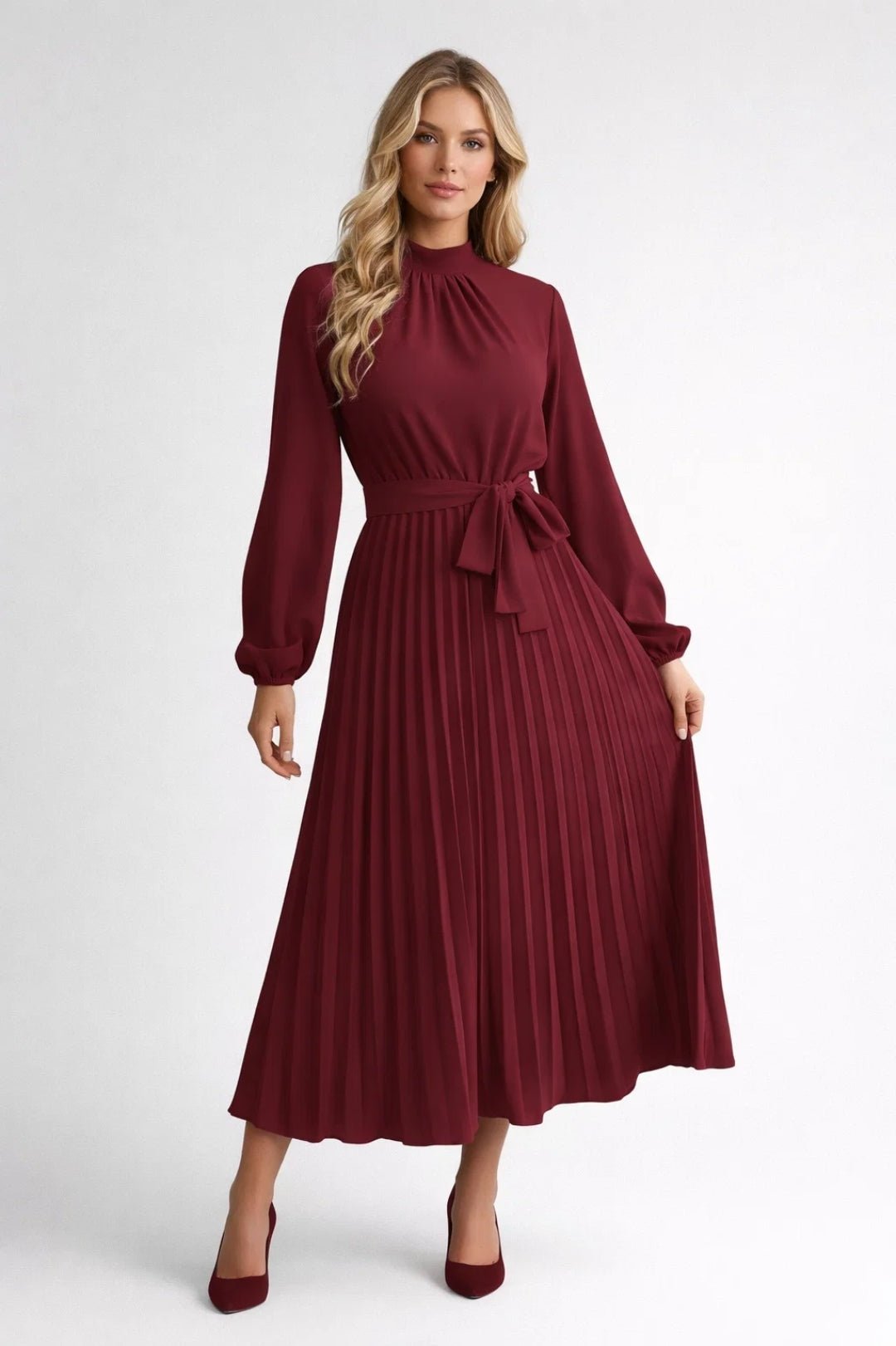 Midi Dress Women Pleated Waistband Long Sleeve Design - Evergreen Outfits- Women Midi Dress