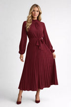 Midi Dress Women Pleated Waistband Long Sleeve Design - Evergreen Outfits- Women Midi Dress