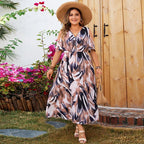 Midi Dress Women Plus Size High Waist Printed V-Neck - Evergreen Outfits- Women Midi Dress