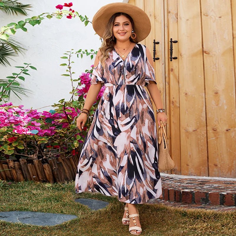 Midi Dress Women Plus Size High Waist Printed V-Neck - Evergreen Outfits- Women Midi Dress