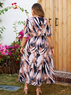 Midi Dress Women Plus Size High Waist Printed V-Neck - Evergreen Outfits- Women Midi Dress