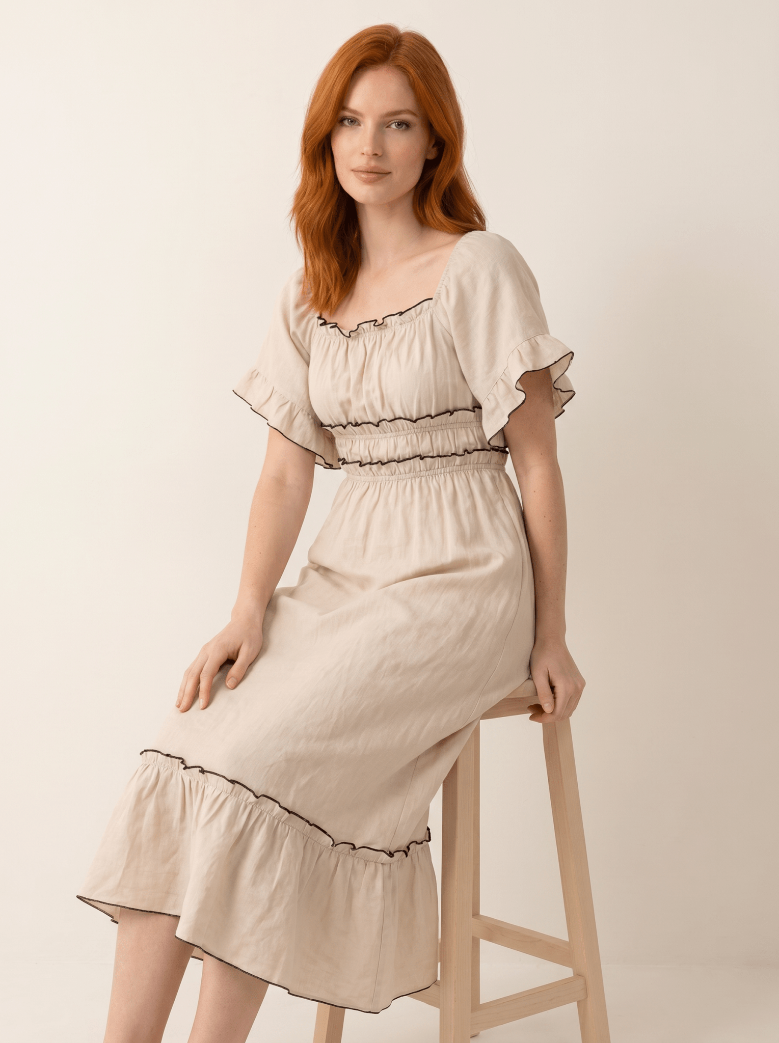 Midi Dress Women Ruffle Hem Loose Fit Short Sleeve Design - Evergreen Outfits- Women Midi Dress