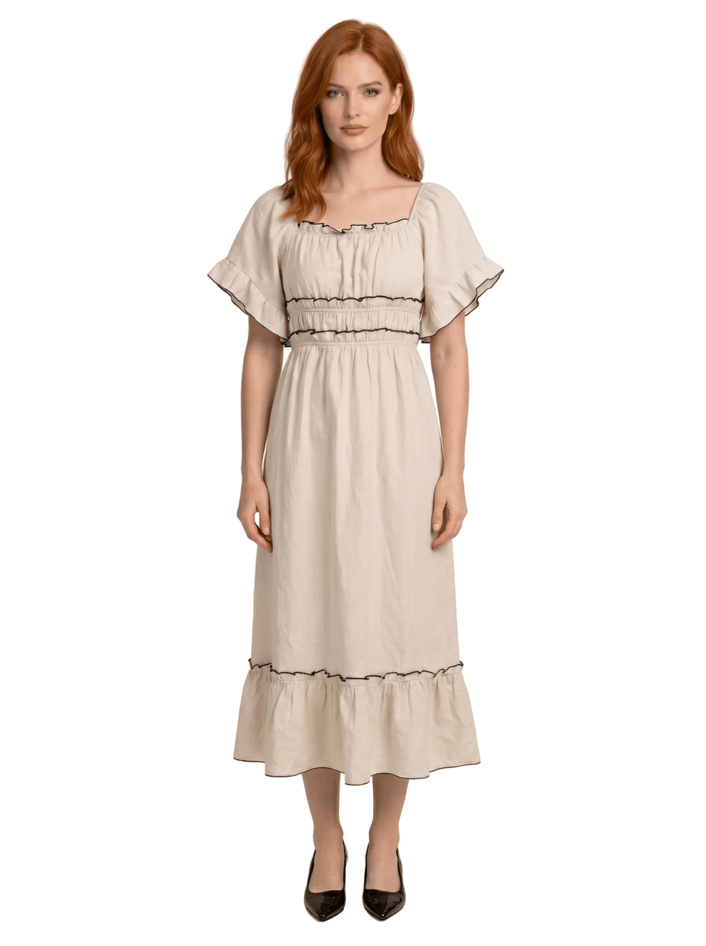 Midi Dress Women Ruffle Hem Loose Fit Short Sleeve Design - Evergreen Outfits- Women Midi Dress