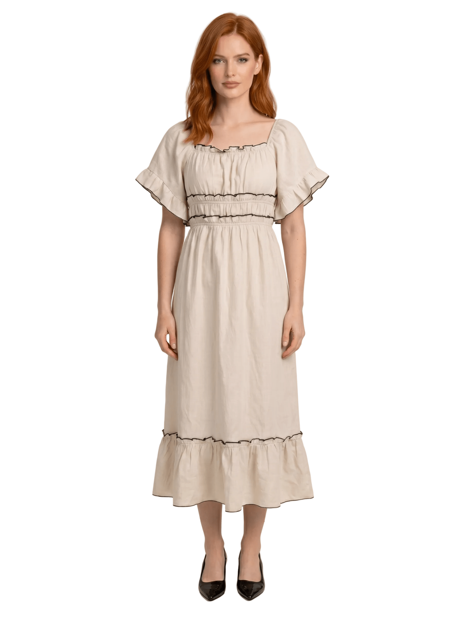 Midi Dress Women Ruffle Hem Loose Fit Short Sleeve Design - Evergreen Outfits- Women Midi Dress