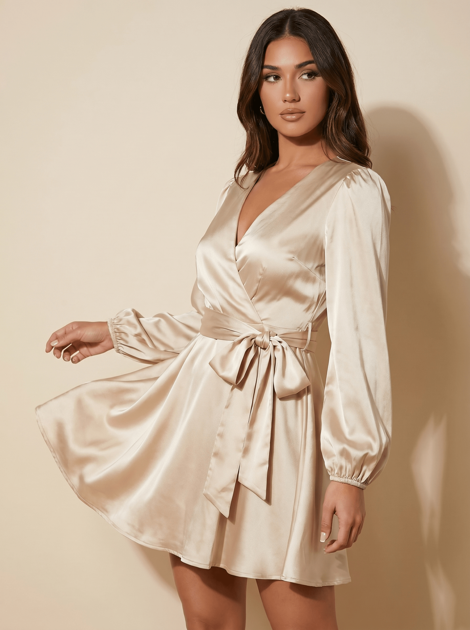 Midi Dress Women Satin Long Sleeve Ruffle Flowing Design - Evergreen Outfits- Women Midi Dress