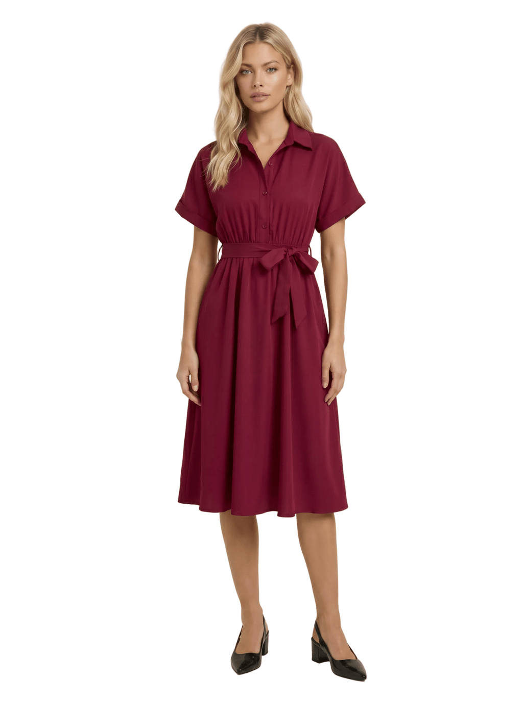 Midi Dress Women Shirt Style Tie Belt Short Sleeve Fit - Evergreen Outfits- Women Midi Dress