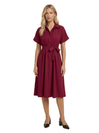 Midi Dress Women Shirt Style Tie Belt Short Sleeve Fit - Evergreen Outfits- Women Midi Dress