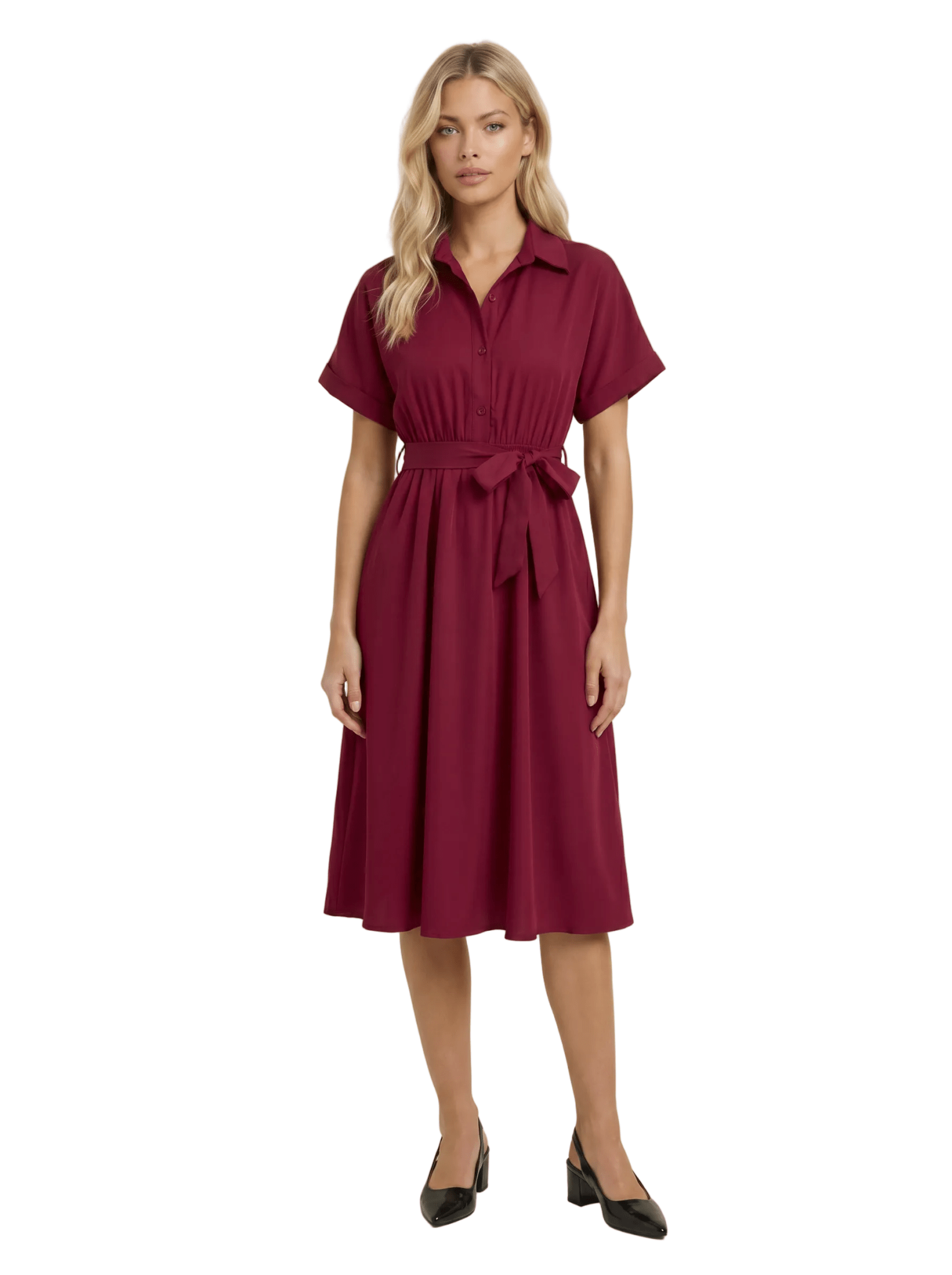 Midi Dress Women Shirt Style Tie Belt Short Sleeve Fit - Evergreen Outfits- Women Midi Dress